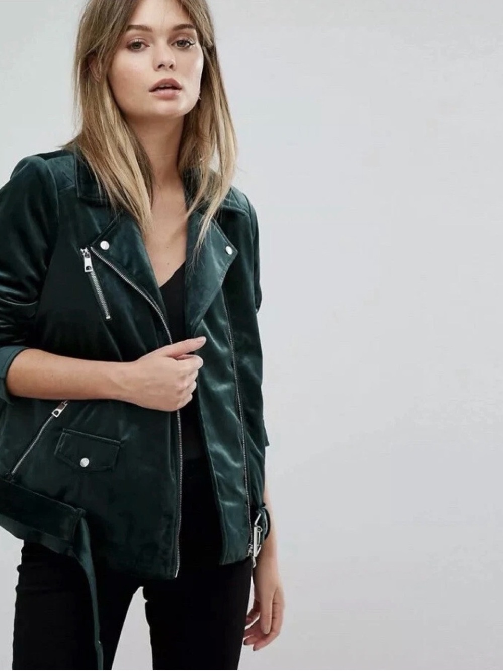 Vero Moda Emerald Green Velvet Moto Jacket with Belt